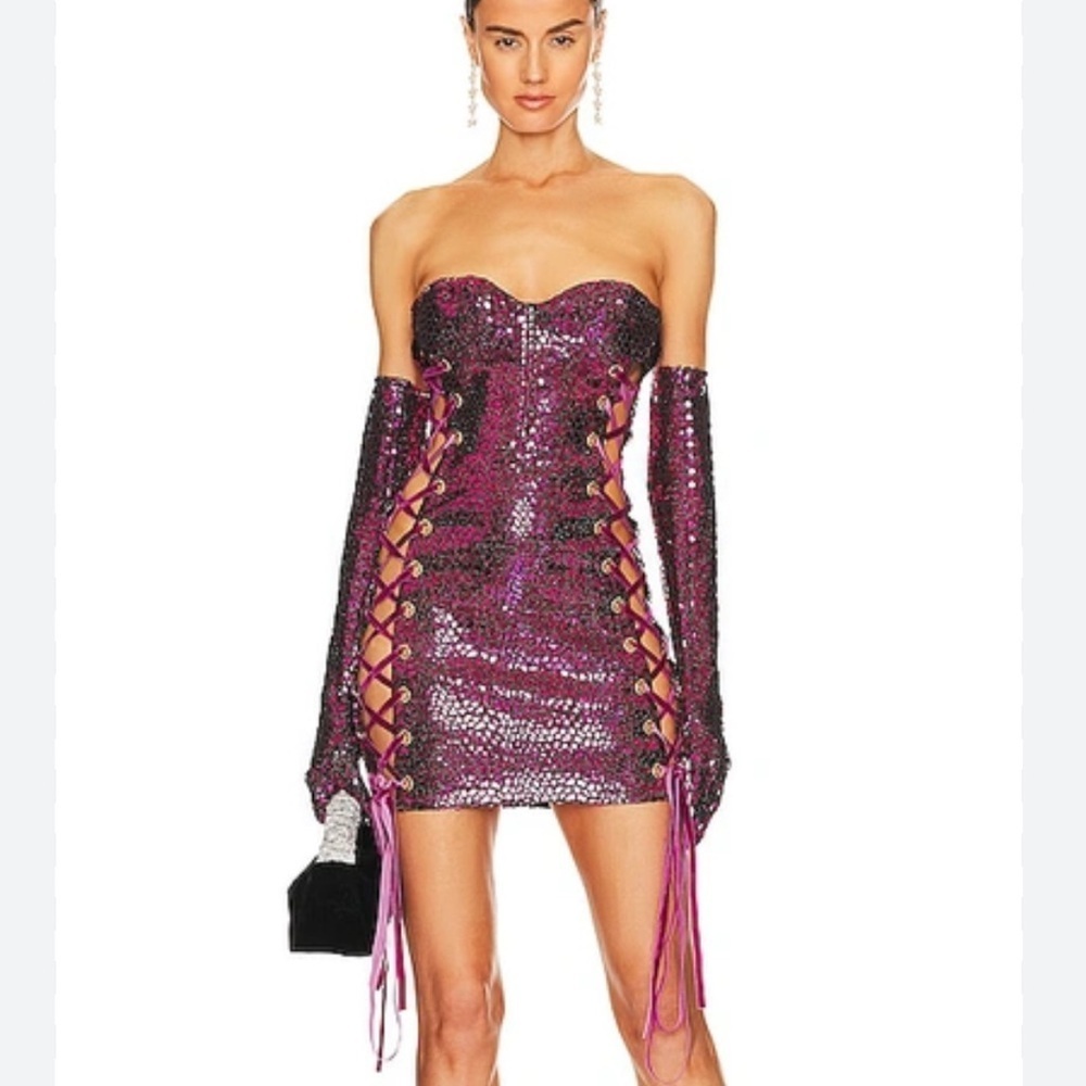 Bronx and Banco Juliette Lace Up Mini Dress Gloves Pink metallic Revolve XS